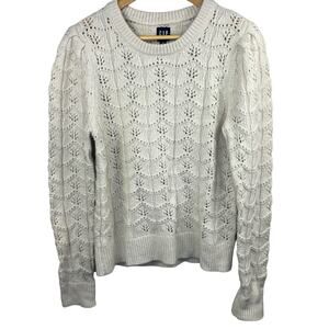 Gap Cream Ivory Pointelle Knit Sweater Sz M Tall Wool Blend Puff Sleeve